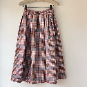 Vtg 70s Plaid High Waisted Wool Blend Midi Skirt Pleated Academia Retro
